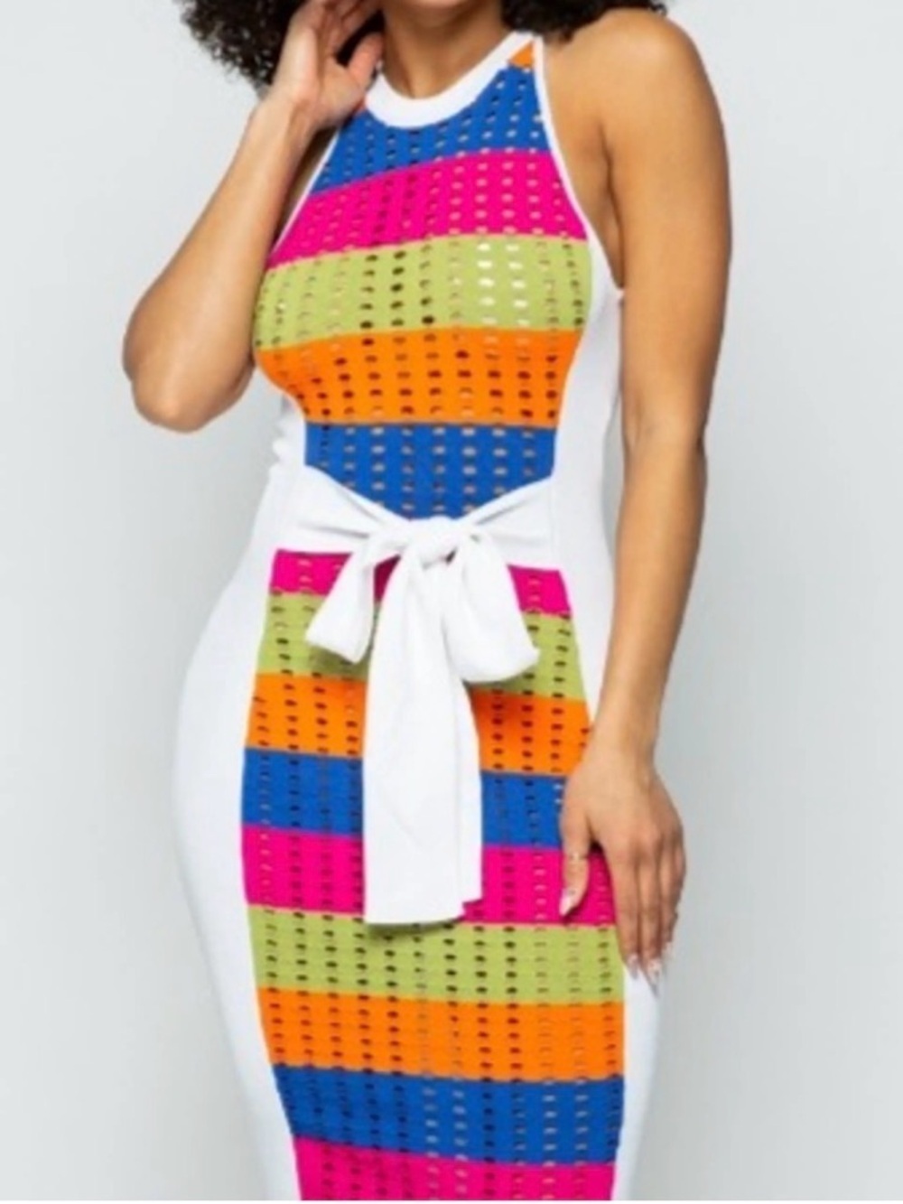 Hera Collection Womenβs White & Multicolor Striped Panel Tie Waist Midi Dress